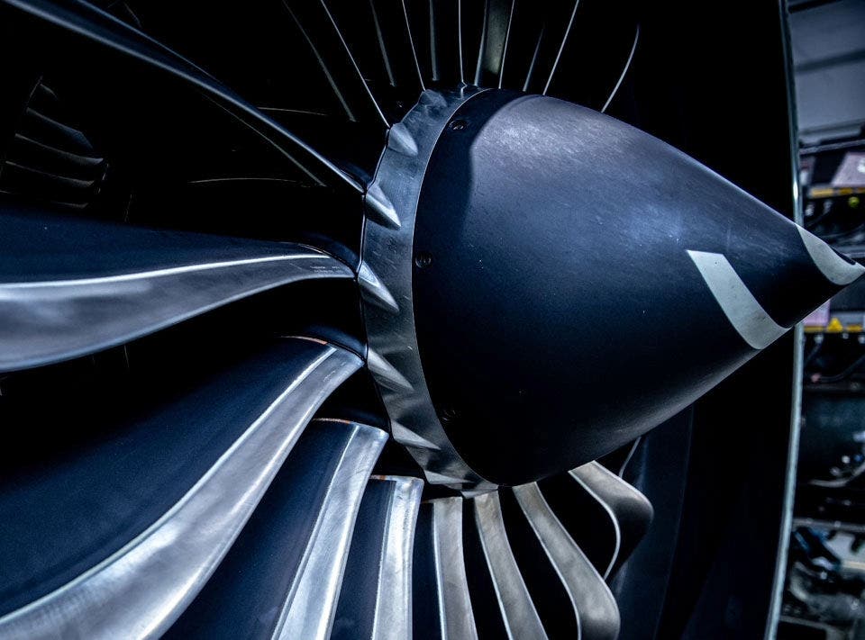 Close-up view of a jet engine turbine. 